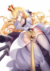 Rule 34 | 1girl, absurdres, ass, bare shoulders, black gloves, blonde hair, blue eyes, blush, breasts, cameltoe, chess piece, cross, crown, dress, earrings, gem, gloves, gun, highres, holding, holding staff, jewelry, jiuling, lion, lion (warship girls r), long hair, panties, simple background, solo, staff, thighhighs, underwear, warship girls r, weapon, white background, white dress, white panties, white thighhighs