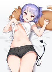 Rule 34 | 1girl, armpit peek, black shorts, breasts, clothes lift, crop top, demon tail, fang, hand up, lifting own clothes, looking at viewer, lying, medium breasts, midriff, navel, no bra, on back, one side up, open mouth, original, purple hair, red eyes, sekiya asami, shirt, shirt lift, short hair, short shorts, short sleeves, shorts, smile, solo, stomach, tail, thighs, underboob, upshirt, white shirt
