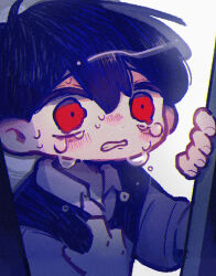 Rule 34 | 1boy, black hair, black sweater vest, collared shirt, crying, crying with eyes open, highres, official alternate eye color, omori, parted lips, red eyes, shirt, short hair, short sleeves, solo, sunny (omori), sweater vest, tears, wakame (vhai26uhykmqb9k), white shirt