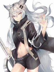 Rule 34 | 1girl, absurdres, animal ears, arknights, black jacket, black shorts, commentary, cowboy shot, grey eyes, hair between eyes, hair ornament, hairclip, hand up, high collar, highres, jacket, lappland (arknights), lims (neko2lims), long hair, long sleeves, looking at viewer, navel, scar, scar across eye, scar on face, short shorts, shorts, silver hair, simple background, smile, solo, standing, stomach, sword, tail, very long hair, weapon, white background, wolf ears, wolf tail