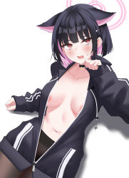 Rule 34 | 1girl, absurdres, animal ears, areola slip, black choker, black hair, black jacket, blue archive, blush, breasts, breasts apart, choker, colored inner hair, fang, female pubic hair, hair ornament, hairclip, halo, highres, hood, hooded jacket, jacket, kazusa (blue archive), long sleeves, looking at viewer, medium breasts, multicolored hair, navel, otakummm, pantyhose, partially unzipped, pink hair, pubic hair, red eyes, short hair, solo, sweat, two-tone hair, white background