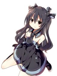 Rule 34 | bare shoulders, black hair, boots, breasts, collar, dress, gloves, hair ornament, hairclip, highres, kneeling, knees, kuromazin19, long hair, neptune (series), red eyes, skirt, small breasts, smile, thighs, tsundere, twintails, two side up, uni (neptunia)