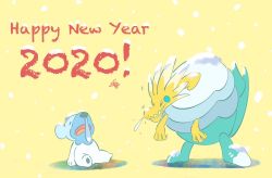 Rule 34 | 2020, arctozolt, commentary request, creature, creatures (company), cubchoo, closed eyes, full body, game freak, gen 5 pokemon, gen 8 pokemon, happy new year, mei ford, new year, nintendo, no humans, pokemon, pokemon (creature), polka dot, polka dot background, sitting, sneezing, snot, standing, trait connection, yellow background