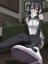 Rule 34 | 1girl, bare shoulders, bed, black hair, black skirt, black thighhighs, breasts, commentary, deku suke, elbow gloves, foreshortening, frown, gloves, hair between eyes, headset, highres, humboldt penguin (kemono friends), indoors, kemono friends, large breasts, light blush, looking at viewer, miniskirt, multicolored hair, pillow, pleated skirt, shoe soles, short hair, shoulder tattoo, skirt, solo, tattoo, thighhighs, v arms, virtual youtuber, wooden floor, zettai ryouiki