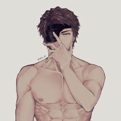 Rule 34 | 1boy, abs, aizen sousuke, bleach, bleach: sennen kessen-hen, brown eyes, brown hair, commentary, covered mouth, english commentary, eyepatch, grey background, hand on own face, hand up, highres, kas0n3ri, large pectorals, looking at viewer, male focus, muscular, muscular male, nipples, nude, one eye covered, pectorals, short hair, simple background, solo, straight-on, tsurime, twitter username, upper body, veins