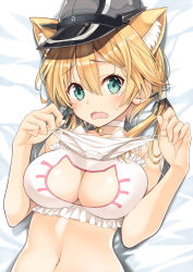 Rule 34 | 10s, 1girl, anchor hair ornament, animal ears, aqua eyes, bed sheet, bell, blonde hair, blush, bra, breasts, cat ears, cat lingerie, cleavage cutout, clothing cutout, collar, collarbone, fang, hair ornament, hat, holding, holding clothes, holding panties, holding underwear, inuzumi masaki, kantai collection, large breasts, lying, meme attire, navel, neck bell, on back, on bed, open mouth, panties, peaked cap, prinz eugen (kancolle), solo, underwear, underwear only, unworn panties, upper body, wavy mouth, white bra