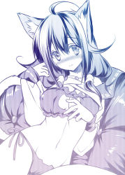 Rule 34 | 10s, 1girl, ahoge, animal ears, bell, blush, bra, breasts, cat cutout, cat ear panties, cat ears, cat lingerie, cleavage cutout, clothing cutout, hair flaps, jingle bell, kantai collection, kemonomimi mode, large breasts, long sleeves, looking at viewer, low twintails, lying, magatama, meme attire, monochrome, navel, panties, rei (rei&#039;s room), side-tie panties, solo, stomach, taigei (kancolle), twintails, underwear