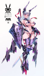 Rule 34 | 1girl, armor, armored boots, armored gloves, bikini armor, boots, breasts, claws, commentary request, fake horns, full body, highres, horns, large breasts, long hair, looking at viewer, mecha musume, navel, original, purple armor, red eyes, shield, simple background, skindentation, solo, stomach, sword, takamine nadare, thighs, weapon, weapon on back, white background, white hair