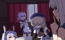 Rule 34 | 4girls, absurdres, animal ears, armband, ayanami (azur lane), azur lane, bare shoulders, beret, black ribbon, black sailor collar, black sleeves, blue eyes, blue headwear, blue skirt, bow, breasts, brown eyes, brown hair, camisole, commentary request, crown, curtains, detached sleeves, fake animal ears, finger to mouth, gloves, grey hair, hair between eyes, hair bow, hair ribbon, hairband, hands up, hat, hat bow, high ponytail, highres, indoors, javelin (azur lane), laffey (azur lane), long hair, long sleeves, medium breasts, mini crown, multiple girls, parted lips, pleated skirt, ponytail, purple hair, rabbit ears, red hairband, ribbon, rock zinc, sailor collar, shirt, shushing, single glove, skirt, sleeveless, sleeveless shirt, small breasts, standing, striped bow, twintails, white bow, white camisole, white gloves, window, z23 (azur lane)