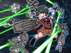 Rule 34 | 1girl, airborne laser, aircraft, airplane, black hair, boots, brown sailor collar, brown serafuku, brown shorts, commentary request, cross-laced footwear, directed-energy weapon, e16a zuiun, energy cannon, energy weapon, flight deck, headband, kantai collection, kneehighs, kutone shirika, lace-up boots, laser, laser cannon, long sleeves, mogami (kancolle), sailor collar, school uniform, serafuku, short hair, shorts, socks, solo, white headband, | |
