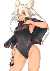 Rule 34 | 10s, 1girl, blonde hair, blush, breasts, competition swimsuit, dark-skinned female, dark skin, glasses, goggles, kantai collection, kuronyan, long hair, looking at viewer, musashi (kancolle), one-piece swimsuit, personification, pointy hair, red eyes, shiny skin, short twintails, solo, swimsuit, twintails, white hair