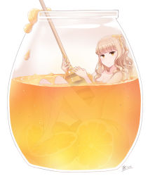 Rule 34 | 1girl, barefoot, blunt bangs, bottle, brown hair, censored, convenient censoring, food, food on head, fruit, honey, in container, in food, jar, lemon, light brown hair, long hair, minari, mini person, minigirl, nude, object on head, orange theme, original, oversized object, parted lips, partially submerged, personification, simple background, sitting, smile, solo, wavy hair, white background, yellow eyes