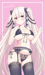 Rule 34 | 1girl, absurdres, azur lane, bare shoulders, blush, bra, breasts, formidable (azur lane), garter belt, groin, hair ribbon, hands up, highres, large breasts, lin (user uzmw2535), lingerie, long hair, looking at viewer, navel, panties, purple eyes, ribbon, solo, stomach, twintails, two-tone ribbon, underwear, underwear only, very long hair