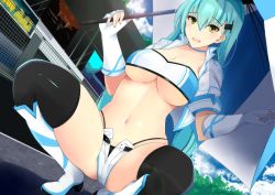 Rule 34 | 1girl, :d, aqua hair, bandeau, bikini, black bikini, black thighhighs, blue sky, blush, boots, breasts, day, fingerless gloves, gloves, green eyes, hair ornament, hairclip, highleg, highleg bikini, holding, holding umbrella, kantai collection, knee boots, large breasts, long hair, looking at viewer, micro shorts, navel, open fly, open mouth, outdoors, race queen, shorts, sidelocks, skindentation, sky, smile, solo, spread legs, squatting, stomach, suzuya (kancolle), swimsuit, thighhighs, thighs, ton ton tontoro, umbrella, white gloves, white shorts