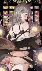 Rule 34 | 1girl, absurdres, animal ears, arknights, ass, black bra, blurry, blurry background, blush, bra, bra lift, braid, breasts, breasts out, brown hair, cowboy shot, cum, depth of field, earrings, extra ears, from behind, highres, jewelry, kiso (wjnomcuzqmdjcql), large breasts, long hair, looking at viewer, looking back, monster, nipples, open clothes, panties, panty pull, penance (arknights), single braid, stained glass, stud earrings, sweat, tail, tentacle sex, tentacles, underwear, white panties, wolf ears, wolf girl, wolf tail, yellow eyes