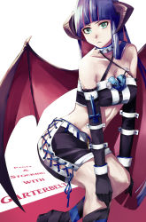 Rule 34 | 10s, 1girl, aqua eyes, bad id, bad pixiv id, bat wings, colored inner hair, dark persona, horns, kibamigohann, multicolored hair, panty &amp; stocking with garterbelt, solo, stocking (psg), striped clothes, striped thighhighs, thighhighs, two-tone hair, wings