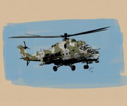 Rule 34 | aircraft, fisher art, helicopter, highres, mi-24, military, military vehicle, original, outdoors, signature, sky, weapon