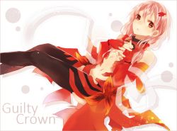 Rule 34 | 10s, 1girl, bare shoulders, black thighhighs, breasts, center opening, cleavage, detached sleeves, elbow gloves, erurun39, fingerless gloves, gloves, guilty crown, hair ornament, hairclip, interlocked fingers, long hair, looking at viewer, navel, open mouth, pink hair, red eyes, small breasts, solo, thighhighs, twintails, yuzuriha inori