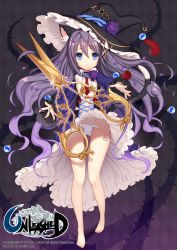 Rule 34 | 1girl, animal ears, bare legs, barefoot, blue eyes, byulzzi, cat ears, cat tail, character request, copyright name, dress, feet, flower, frown, full body, hat, highres, long hair, long sleeves, looking at viewer, panties, pantyshot, petals, purple hair, rose, scissors, side-tie panties, solo, tail, torn clothes, torn panties, underwear, unleashed, upskirt, white panties, witch hat