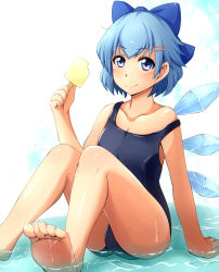 Rule 34 | 1girl, bad id, bad pixiv id, barefoot, blue eyes, blue hair, blush, bow, cirno, collarbone, feet, food, hair bow, hair ornament, hairpin, highres, holding, ice, ice cream, ice wings, looking at viewer, matching hair/eyes, one-piece swimsuit, onodera (ilovehitagi), partially submerged, popsicle, school swimsuit, short hair, sitting, sleeveless, smile, solo, strap slip, swimsuit, toes, touhou, water, wet, wings, yuuichirou (i love hitagi)