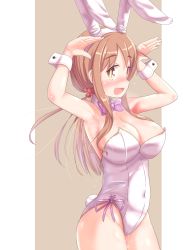 Rule 34 | 1girl, animal ears, armpits, blush, bow, bowtie, breasts, brown hair, cleavage, covered navel, fake animal ears, hair ornament, hair scrunchie, highres, large breasts, leotard, long hair, matsumoto yoriko, open mouth, pink bow, pink bowtie, playboy bunny, rabbit ears, rabbit pose, scrunchie, smile, solo, standing, sweat, white leotard, yuukin, yuyushiki
