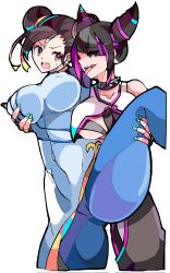 Rule 34 | 2girls, black hair, breasts, capcom, chun-li, collar, covered erect nipples, covered navel, double bun, enpe, grabbing, grabbing another&#039;s breast, hair bun, hair horns, han juri, highres, large breasts, leg up, lifting person, looking at another, medium hair, multiple girls, nail polish, open mouth, purple eyes, simple background, spiked collar, spikes, street fighter, teeth, thick thighs, thighs, tongue, tongue out, upper teeth only, white background, yellow eyes, yuri