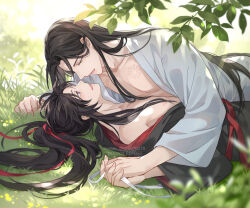 2boys ahoge artist_name black_hair black_hanfu blurry blurry_background blurry_foreground blush branch chest_tattoo chinese_clothes collarbone commentary_request day eye_contact grass hair_ribbon hanfu high_ponytail holding_hands interlocked_fingers lan_wangji light_rays long_hair long_sleeves looking_at_another lying lying_on_person male_focus modao_zushi multiple_boys on_back on_grass open_clothes open_mouth outdoors parted_bangs pectorals plant ponytail purple_eyes red_ribbon ribbon sidelocks smile sunlight tattoo twitter_username usagishi very_long_hair watermark wei_wuxian white_hanfu white_ribbon wide_sleeves yaoi yellow_eyes