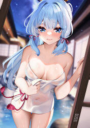 Rule 34 | 1girl, 3:, areola slip, ayaka (genshin impact), bare arms, bare shoulders, blue eyes, blue hair, blurry, blurry background, breasts, cleavage, commentary, covered navel, cowboy shot, genshin impact, hair ribbon, highres, large breasts, long hair, looking at viewer, naked towel, night, night sky, onsen, pink ribbon, ribbon, sky, solo, squchan, standing, thighs, towel, very long hair