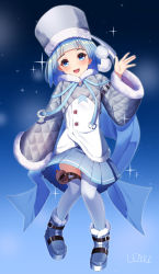 Rule 34 | 1girl, :d, absurdres, azur lane, blue background, blue eyes, blue footwear, blue hair, blue ribbon, blue skirt, blunt bangs, blush, boots, commentary, full body, fur, fur-trimmed sleeves, fur trim, grey hat, grey sleeves, gromky (azur lane), hand up, hat, highres, jacket, knee boots, konparu uran, long sleeves, looking at viewer, open mouth, pleated skirt, pom pom (clothes), pouch, ribbon, short hair, shrug (clothing), sidelocks, signature, skirt, smile, solo, sparkle, standing, star (symbol), star print, teeth, thigh pouch, thighhighs, upper teeth only, white jacket, white thighhighs, zettai ryouiki