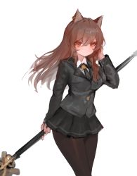 Rule 34 | 1girl, animal ears, arknights, bad id, bad pixiv id, black jacket, black skirt, blazer, blush, breasts, brown eyes, brown hair, brown pantyhose, closed mouth, collared shirt, commentary request, dokomon, ear piercing, hair between eyes, hand up, highres, holding, holding polearm, holding spear, holding weapon, jacket, korean commentary, long hair, long sleeves, medium breasts, pantyhose, piercing, pleated skirt, polearm, shirt, simple background, skirt, skyfire (arknights), solo, spear, striped, vertical stripes, very long hair, weapon, white background, white shirt