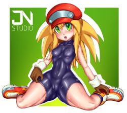 Rule 34 | 1girl, bare shoulders, blonde hair, blush, bodysuit, boots, border, breasts, brown gloves, cameltoe, cleft of venus, collarbone, covered erect nipples, covered navel, full body, gloves, green background, green eyes, hat, highres, jnstudio, legs, long hair, looking at viewer, medium breasts, mega man (series), mega man legends (series), open mouth, outline, roll caskett (mega man), simple background, sitting, skin tight, sleeveless, solo, sweat, teeth, tongue, tongue out, upper teeth only, wariza, white border, white outline