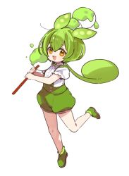 Rule 34 | 1girl, :3, boots, commentary request, food, green footwear, green hair, green shorts, hair between eyes, highres, holding, holding food, leg up, long hair, looking at viewer, low ponytail, mota, open mouth, orange eyes, puffy short sleeves, puffy sleeves, shirt, shirt tucked in, short sleeves, shorts, smile, solo, suspender shorts, suspenders, very long hair, voicevox, white background, white shirt, zunda mochi, zundamon