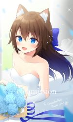 Rule 34 | 1girl, :d, animal ear fluff, animal ears, bare shoulders, blue eyes, blue flower, blue rose, blush, bouquet, bow, breasts, brown hair, commission, copyright request, dress, flower, gloves, hair bow, highres, holding, holding bouquet, konogi nogi, long hair, looking at viewer, medium breasts, open mouth, rose, skeb commission, smile, solo, sparkle, wedding dress, white dress, white gloves