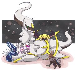 Rule 34 | arceus, claws, creature, creatures (company), dialga, eye contact, full body, game freak, gen 4 pokemon, gen 7 pokemon, giratina, giratina (altered), green eyes, legendary pokemon, looking at another, mythical pokemon, nintendo, palkia, pokemon, pokemon (creature), pokemon on back, red eyes, size difference, sky, standing, star (sky), starry sky, taplaos, type: null, watermark, web address