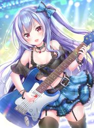 Rule 34 | 1girl, :d, aoba project, aoba rena, bare shoulders, belt, black bra, black shirt, black thighhighs, blue hair, blue skirt, bow, bra, bracelet, breasts, choker, collarbone, cowboy shot, crop top, electric guitar, fang, fender stratocaster, garter straps, glint, guitar, hair bow, heart, instrument, jewelry, layered skirt, long hair, looking at viewer, medium breasts, midriff, miniskirt, multicolored hair, music, nail polish, navel, off-shoulder shirt, off shoulder, one side up, open mouth, plaid, plaid skirt, playing instrument, punk, red eyes, red nails, sakura moyon, shirt, skindentation, skirt, smile, solo, sparkle, stage lights, thighhighs, torn clothes, two-tone hair, underwear, v-shaped eyebrows, very long hair, white hair, zettai ryouiki