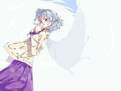 Rule 34 | 1girl, brown jacket, closed mouth, covering own mouth, dress, grey background, grey hair, grey wings, jacket, kishin sagume, long sleeves, looking at viewer, nama udon, purple dress, red eyes, short hair, simple background, single wing, solo, touhou, wings