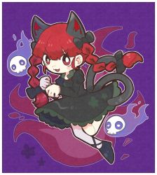 Rule 34 | 1girl, :3, animal ear fluff, animal ears, black bow, black footwear, blue fire, bow, braid, cat ears, cat tail, dress, extra ears, fire, flaming skull, floating skull, floral print, flower, ghost, green dress, hitodama, ikururu, kaenbyou rin, leg ribbon, multiple tails, open mouth, outline, paw pose, puffy sleeves, purple background, red eyes, red hair, ribbon, simple background, skull, smile, solo, tail, touhou, twin braids, two tails, white outline