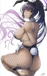 Rule 34 | 1girl, animal ears, ass, bad anatomy, black leotard, blue archive, blue bow, blue bowtie, bow, bowtie, breasts, dark-skinned female, dark skin, detached collar, fake animal ears, fishnets, halo, high heels, highleg, highleg leotard, highres, ibara azuki, karin (blue archive), karin (bunny) (blue archive), large breasts, leotard, number tattoo, pantyhose, playboy bunny, rabbit ears, rabbit tail, shoulder tattoo, sideboob, solo, strapless, strapless leotard, tail, tattoo, traditional bowtie