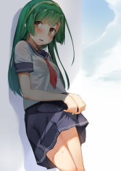 Rule 34 | 1girl, black sailor collar, black skirt, blue sky, blush, breasts, brown eyes, clothes lift, cloud, cloudy sky, commentary request, day, fingernails, green hair, green hairband, hairband, highres, kanzen bouon, lifting own clothes, long hair, looking at viewer, neckerchief, outdoors, parted lips, pleated skirt, red neckerchief, sailor collar, school uniform, serafuku, shirt, short sleeves, skirt, skirt lift, sky, small breasts, solo, sweat, touhoku zunko, voiceroid, white shirt