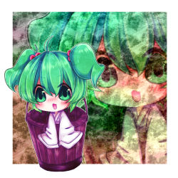 Rule 34 | 1girl, ahoge, blush, bucket, female focus, green eyes, green hair, hair bobbles, hair ornament, in bucket, in container, kisume, long sleeves, matching hair/eyes, open mouth, short hair, solo, touhou, twintails, wide sleeves, yuya (night lily)