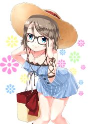 Rule 34 | 10s, 1girl, adjusting eyewear, anchor necklace, bag, blue eyes, breasts, brown hair, cleavage, dress, floral background, glasses, grey hair, handbag, hat, highres, jewelry, knees together feet apart, leaning forward, legs together, love live!, love live! school idol festival, love live! sunshine!!, necklace, ribbon, rin2008, short hair, smile, solo, striped clothes, striped dress, sun hat, swept bangs, vertical-striped clothes, vertical-striped dress, watanabe you, wrist ribbon