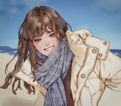 Rule 34 | 1girl, beach, blue scarf, blue sky, brown eyes, brown hair, chakanyuantu, coat, day, highres, looking at viewer, original, outdoors, parted lips, scarf, sky, smile, solo, upper body, water