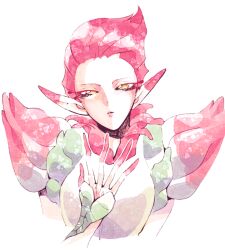 Rule 34 | 1boy, androgynous, breath of fire, breath of fire ii, colored skin, fingernails, flower, long pointy ears, looking at viewer, minashirazu, monster boy, pink hair, pointy ears, short hair, simple background, skirt, solo, spar, very long fingernails, white background, yellow eyes