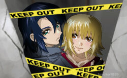 Rule 34 | 1boy, 1girl, artist name, athrun zala, blonde hair, blue hair, cagalli yula athha, caution tape, couple, fumiko (mesushi), green eyes, grey jacket, gundam, gundam seed, gundam seed freedom, hand on another&#039;s shoulder, jacket, keep out, light smile, looking at another, red shirt, shirt, short hair, yellow eyes