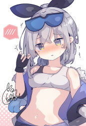 Rule 34 | 1girl, bare shoulders, beni shake, black gloves, black jacket, black ribbon, blush, breasts, collarbone, commentary request, fingerless gloves, gloves, goggles, goggles on head, grey eyes, grey hair, hair between eyes, hair ribbon, halftone, halftone background, hand up, honkai: star rail, honkai (series), jacket, long hair, looking at viewer, medium breasts, navel, nose blush, off shoulder, open clothes, open jacket, parted lips, ribbon, signature, silver wolf (honkai: star rail), simple background, solo, spoken blush, trembling, white background