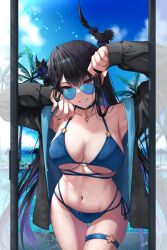 Rule 34 | 1girl, armpits, arms up, beach umbrella, bikini, black hair, black shirt, blue bikini, blue hair, blue sky, breasts, broken horn, choker, cleavage, cloud, commentary, danp016, demon horns, glass door, highres, hololive, hololive english, horns, jewelry, leaning, lens flare, light particles, light rays, looking at viewer, mole, mole under eye, nerissa ravencroft, palm tree, pool, poolside, purple hair, red eyes, red nails, ring, shirt, sideboob, signature, skindentation, sky, smile, sparkle, sunbeam, sunlight, swimsuit, tree, umbrella, underboob, virtual youtuber, water drop, waves, wet, wet clothes, wet hair, white fence