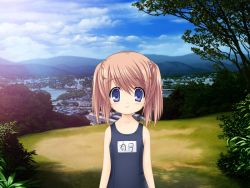 Rule 34 | 1girl, arizuki shiina, blue eyes, brown hair, day, game cg, kud wafter, little busters!, long hair, na-ga, one-piece swimsuit, outdoors, quad tails, school swimsuit, smile, solo, swimsuit