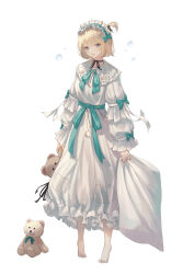 Rule 34 | 1girl, absurdres, animal print, barefoot, blonde hair, blue eyes, brown dust 2, bubble, cat print, frilled hairband, frills, full body, hairband, highres, holding, holding pillow, holding stuffed toy, justia (brown dust), looking at viewer, nightgown, pajamas, pillow, ribbon, side ponytail, stuffed toy, vennie, wide sleeves