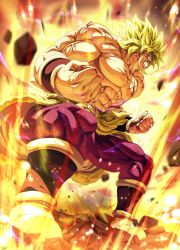 Rule 34 | 1boy, abs, aura, blank eyes, blonde hair, boots, bracer, broly (dragon ball super), clenched hands, clenched teeth, commentary request, debris, dragon ball, dragon ball super, full body, highres, large pectorals, male focus, motion blur, muscular, muscular male, pants, pectorals, pelt, purple pants, scar, scar on chest, sekitsuki hayato, topless male, signature, skin tight, solo, spiked hair, super saiyan, teeth, veins