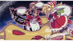 Rule 34 | 1girl, 3boys, artist name, black footwear, blonde hair, boots, character request, christmas, commentary, dark magician, dark magician girl, duel monster, dyed bangs, fur-trimmed footwear, fur-trimmed headwear, fur trim, hat, holding, jewelry, kuriboh, long sleeves, merry christmas, millennium puzzle, multicolored hair, multiple boys, muto yugi, necklace, red headwear, sack, santa costume, santa hat, soya (sys ygo), spiked hair, staff, standing, yami yugi, yu-gi-oh!, yu-gi-oh! duel monsters